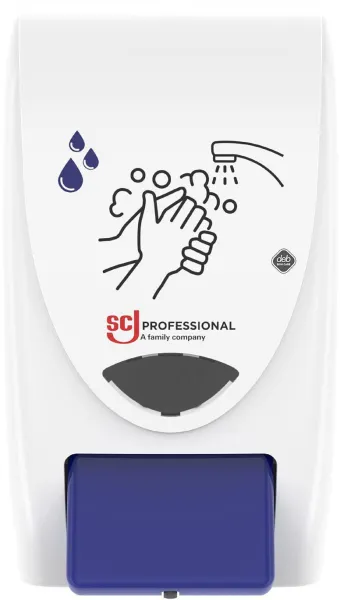 Deb Stoko Cleanse Light dispenser för krämig tvål med rengöringseffekt, vit plast med blå knapp, 2 L